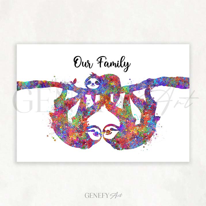 Sloth Family of 3 Watercolour Print
