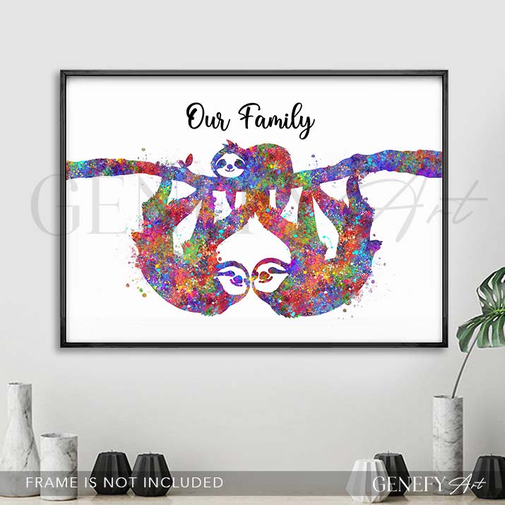 Sloth Family of 3 Watercolour Print