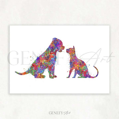 Staffordshire Bull Terrier and Cat Watercolour Print