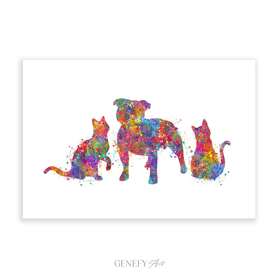 Staffordshire Bull Terrier and Two Cats Watercolour Art Print
