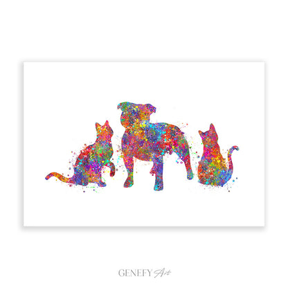 Staffordshire Bull Terrier and Two Cats Watercolour Art Print