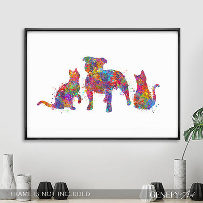 Staffordshire Bull Terrier and Two Cats Watercolour Art Print