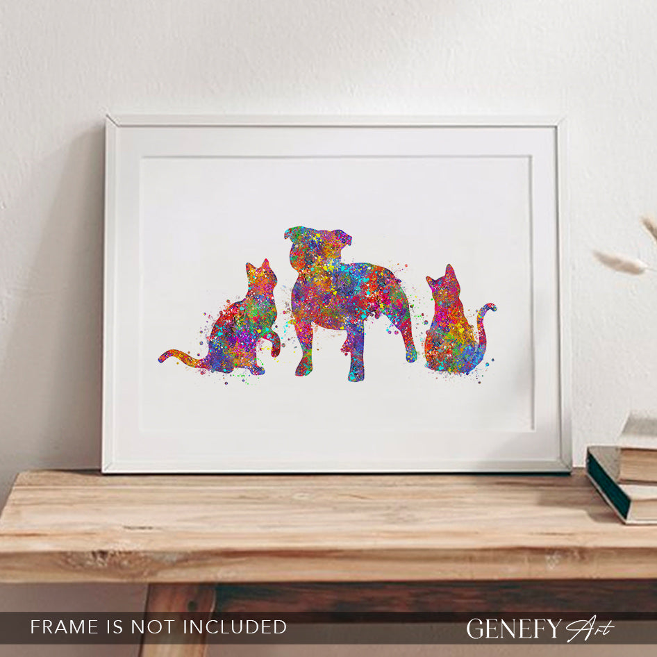 Staffordshire Bull Terrier and Two Cats Watercolour Art Print