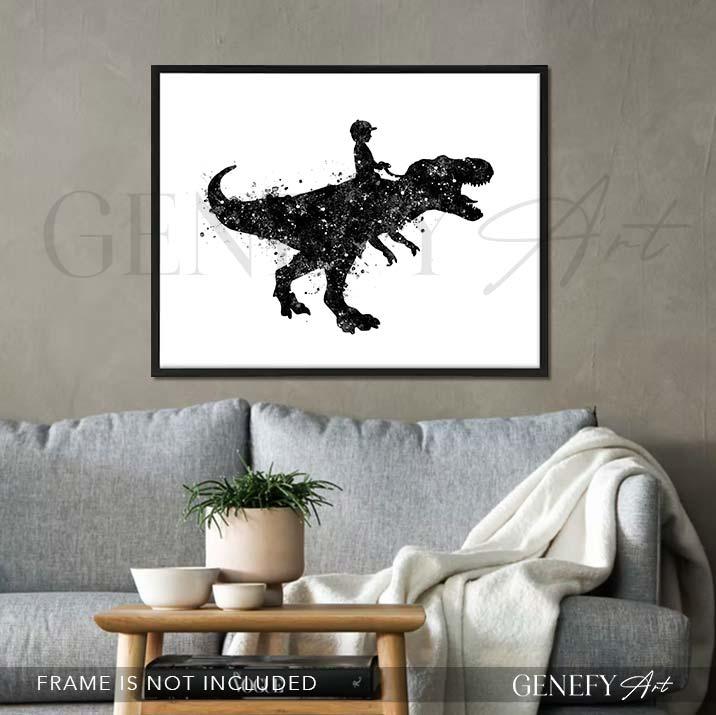 Boy Riding Tyrannosaurus T-Rex Black and White Watercolour Print - Genefy Art