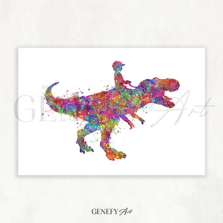 Boy Riding Tyrannosaurus T-Rex Watercolour Print - Genefy Art