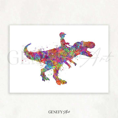 Boy Riding Tyrannosaurus T-Rex Watercolour Print - Genefy Art