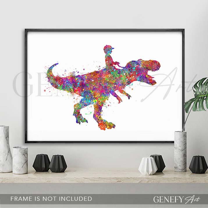Boy Riding Tyrannosaurus T-Rex Watercolour Print - Genefy Art