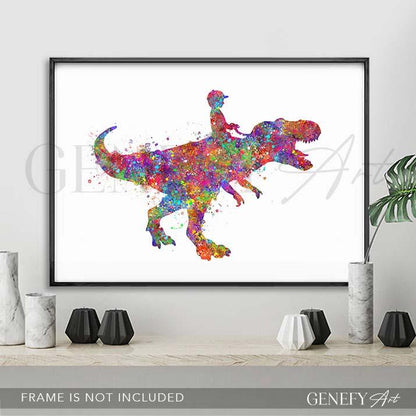 Boy Riding Tyrannosaurus T-Rex Watercolour Print - Genefy Art