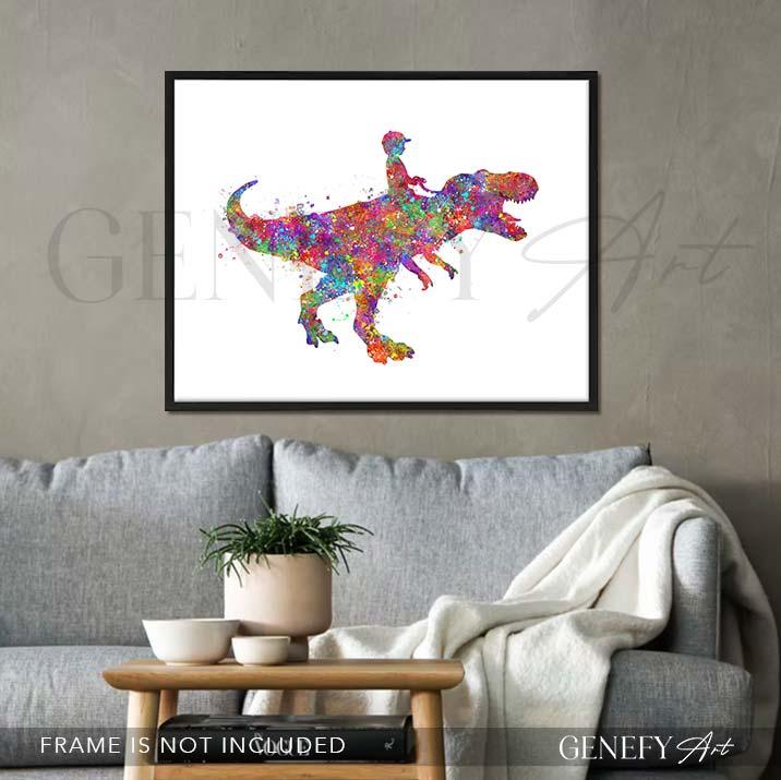 Boy Riding Tyrannosaurus T-Rex Watercolour Print - Genefy Art
