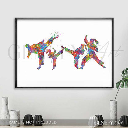 Taekwondo Family of 4 Watercolour Print - Two Daughters