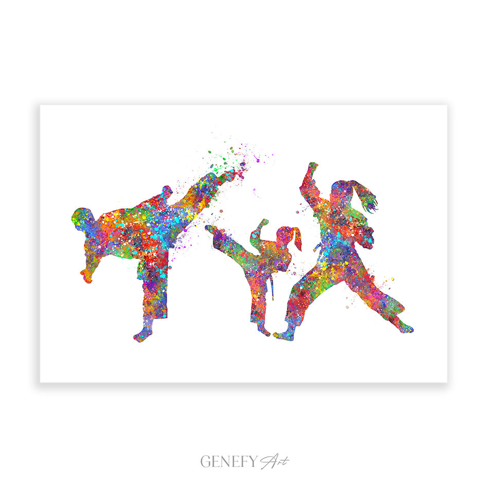 Taekwondo Family of 3 Art Print - Father Mother Daughter
