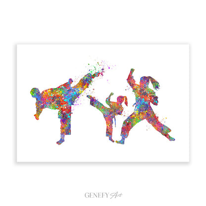 Taekwondo Family of 3 Art Print - Father Mother Daughter