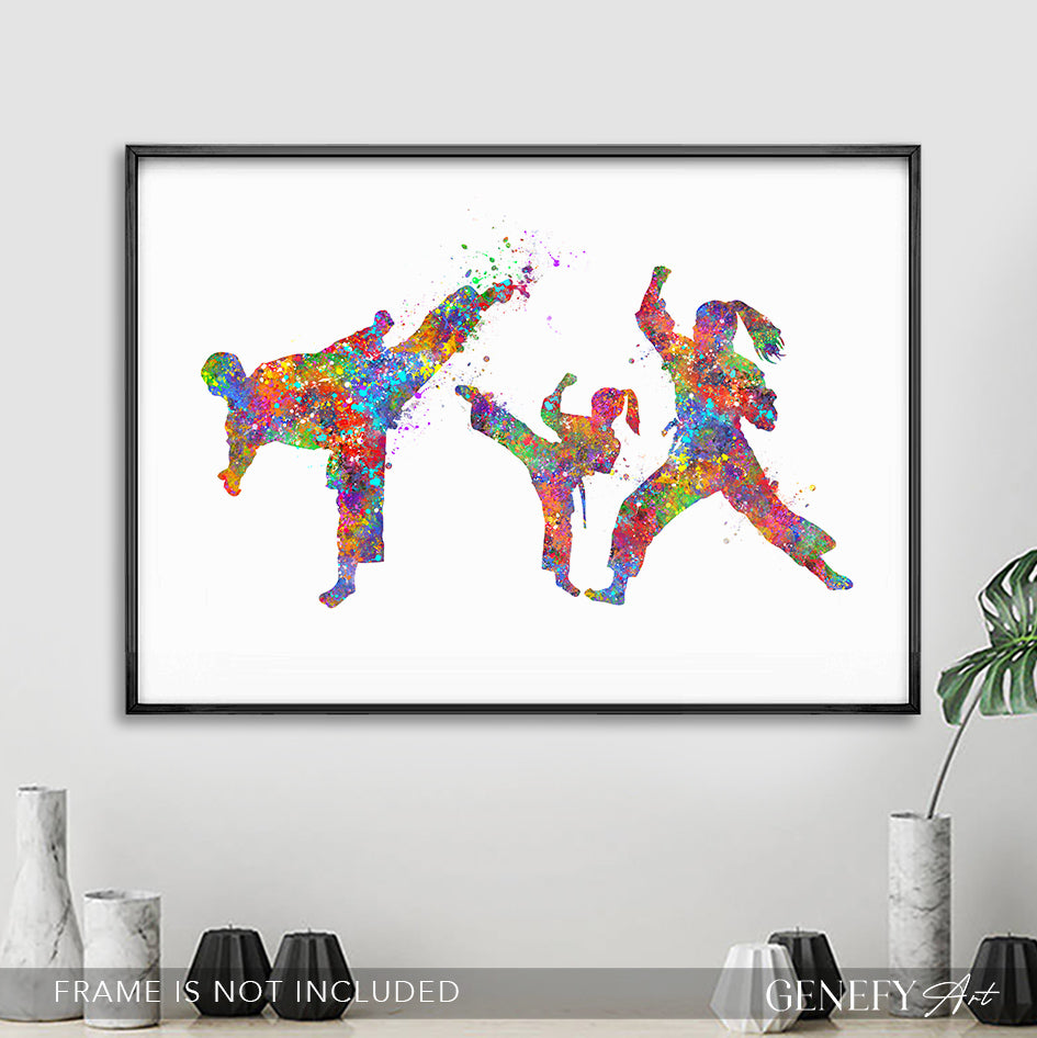 Taekwondo Family of 3 Art Print - Father Mother Daughter