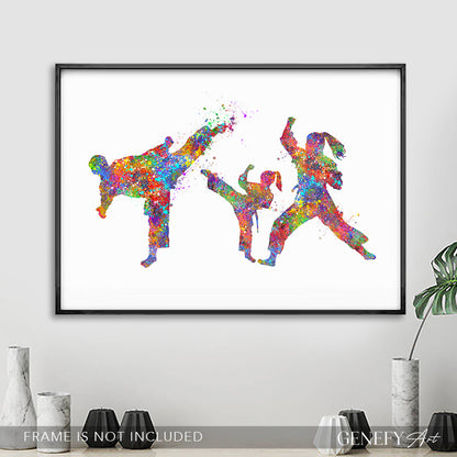 Taekwondo Family of 3 Art Print - Father Mother Daughter