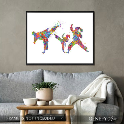 Taekwondo Family of 3 Art Print - Father Mother Daughter