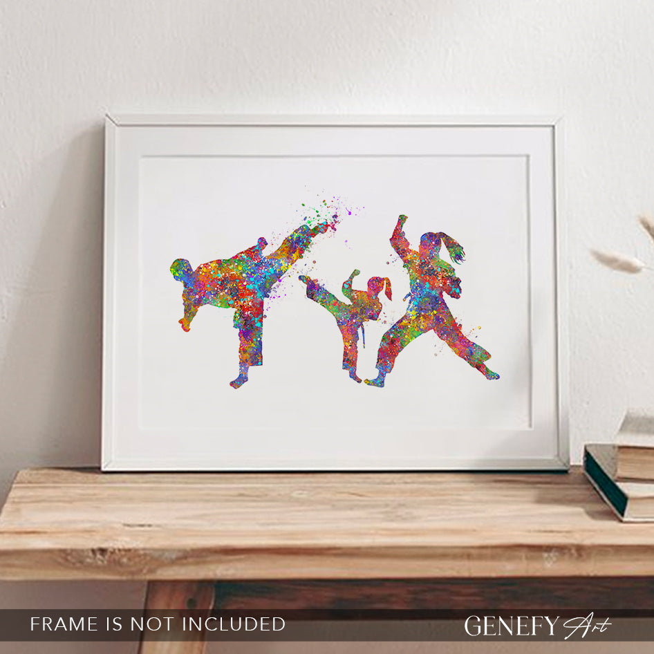 Taekwondo Family of 3 Art Print - Father Mother Daughter