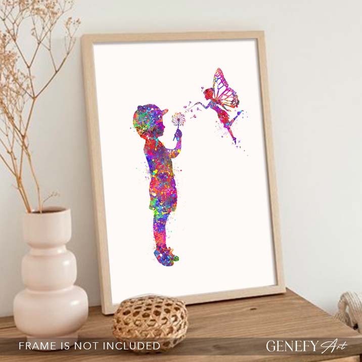 Little Boy and Fairy Watercolour Art Print
