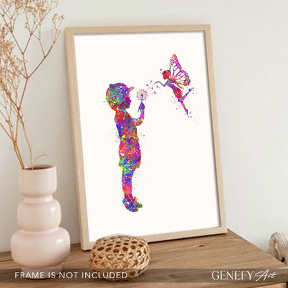 Little Boy and Fairy Watercolour Art Print