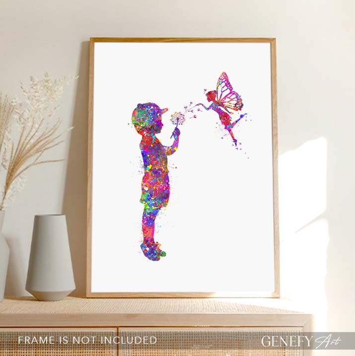Little Boy and Fairy Watercolour Art Print