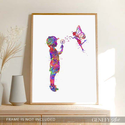 Little Boy and Fairy Watercolour Art Print