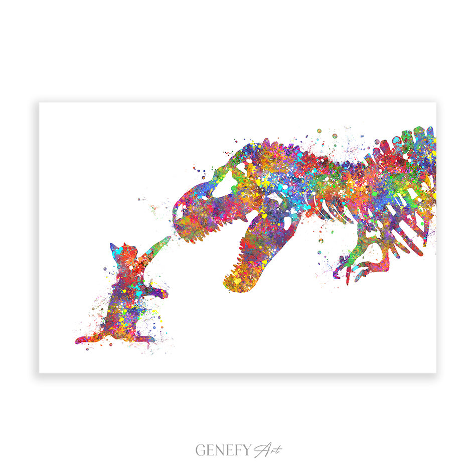 Dinosaur T-Rex and Cat Watercolour Print