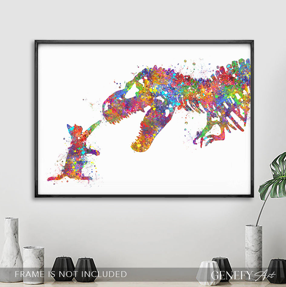Dinosaur T-Rex and Cat Watercolour Print