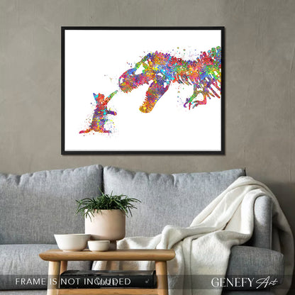 Dinosaur T-Rex and Cat Watercolour Print