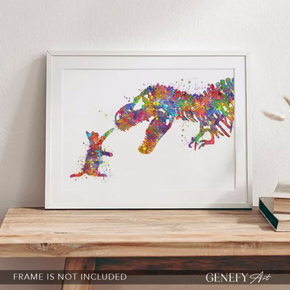 Dinosaur T-Rex and Cat Watercolour Print