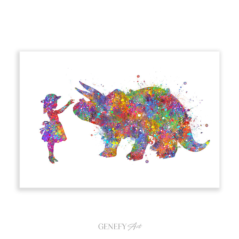 Dinosaur Triceratops and Girl Watercolour Print