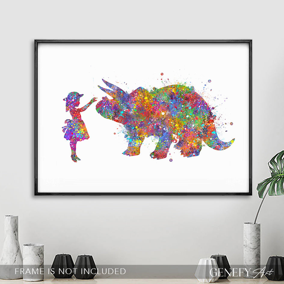 Dinosaur Triceratops and Girl Watercolour Print