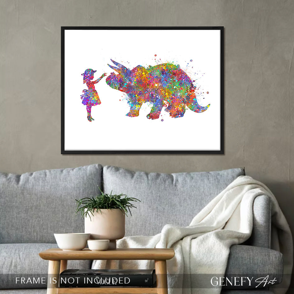Dinosaur Triceratops and Girl Watercolour Print