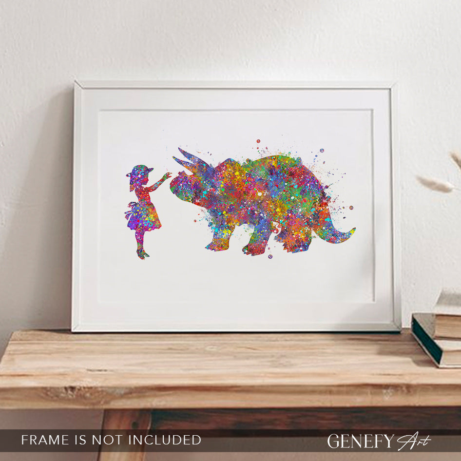 Dinosaur Triceratops and Girl Watercolour Print