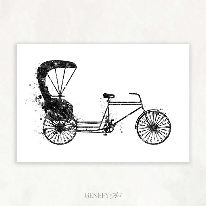 Trishaw Black and White Watercolour Print