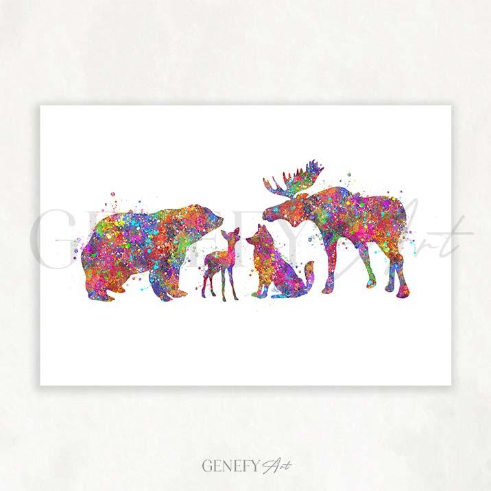 Bear, Moose, Fox and Deer Family Watercolour Print - Genefy Art